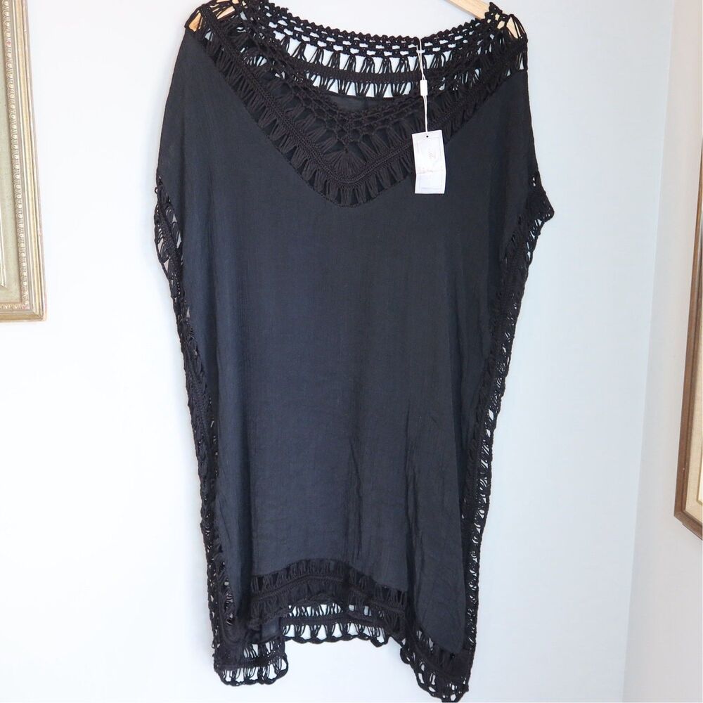 Black Crochet Trim Open Knit Cover Up Tunic Dress One Size